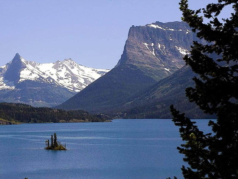 Rocky Mountains, water, glacier, mountains, island, blue, HD wallpaper