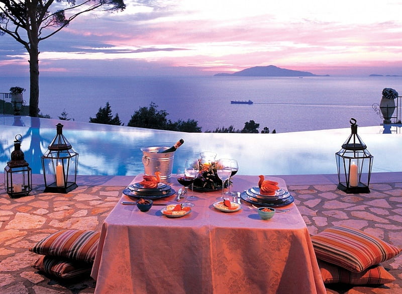 Romantic Table for Two, romantic, lamps, nature, Pool, Food, table for two, sea, candles, HD wallpaper