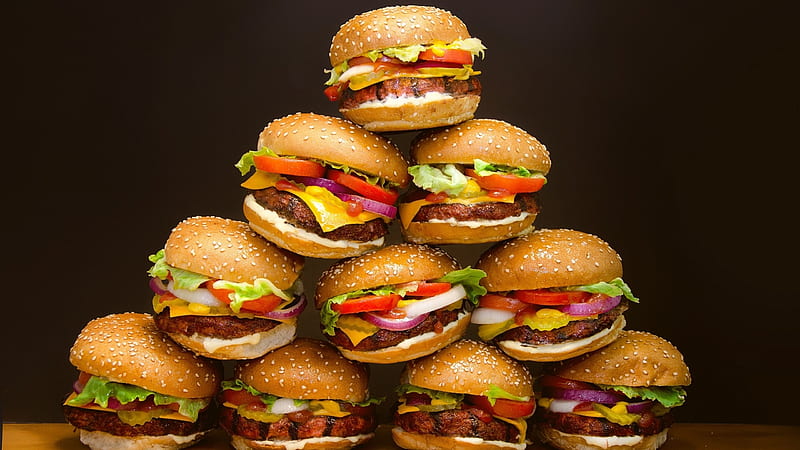 Hamburgers, tomatoes, food, cheese, fast food, meat, garlic, hamburger, salad, HD wallpaper