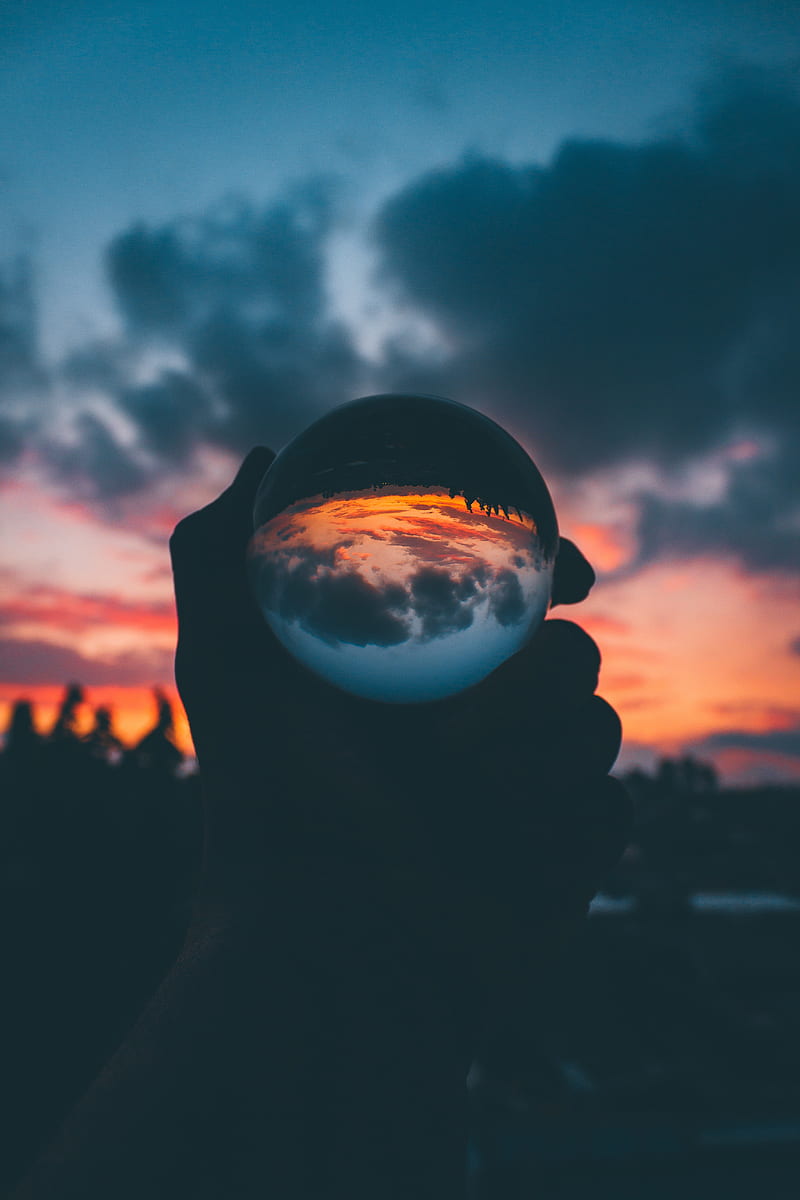 ball, glass, sunset, hand, reflection, HD phone wallpaper