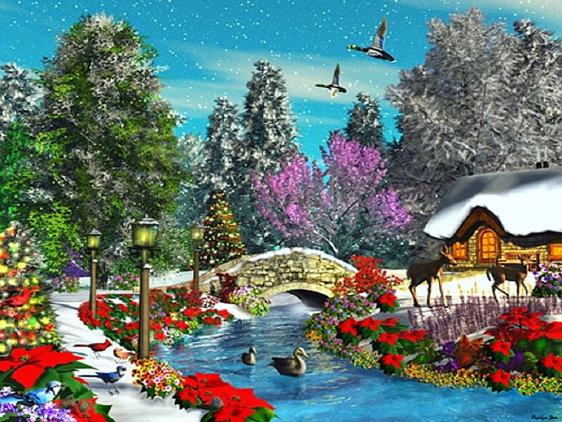 ✼Season's Splendor✼, holidays, cottage, softness beauty, attractions in dreams, bonito, seasons, xmas and new year, country dreams, paintings, splendor, traditional art, valentines, lovely, bridges, love four seasons, creative pre-made, trees, swans, winter, snow, garden, beloved valentines, HD wallpaper