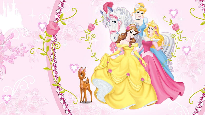 Disney Princesses, Belle, Cinderella, Sleeping Beauty, Aurora, Disney, Deer, Princesses, HD wallpaper