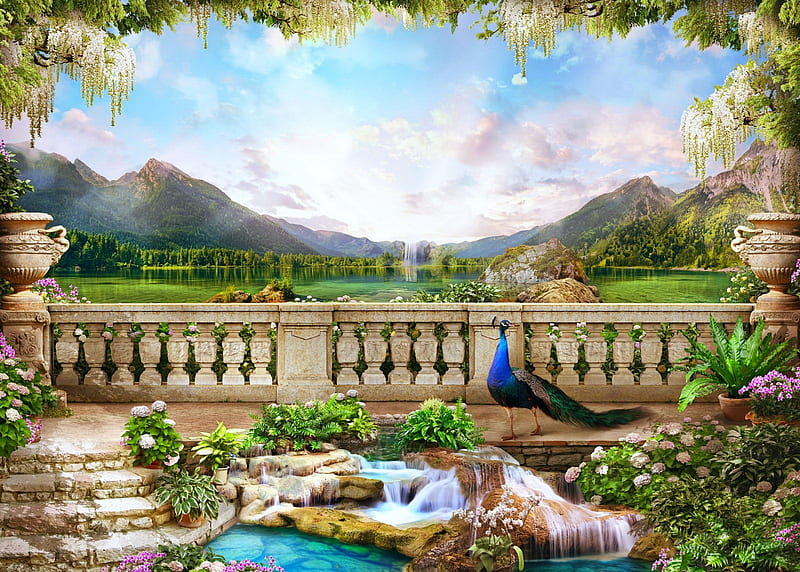 Paradise view, paradise, view, balcony, peacock, morning, sunrise, lake, mountain, flowers, pink, HD wallpaper