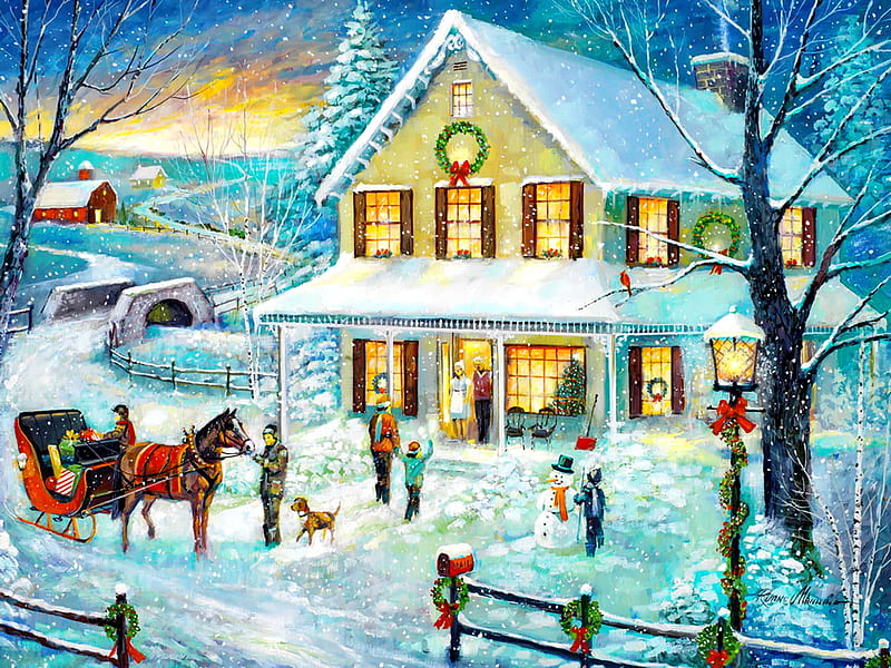 Christmas visit, sleigh, pretty, house, children, village, kids, frost, art, visit, christmas, fun, joy, mood, winter, warmth, snow, ice, HD wallpaper