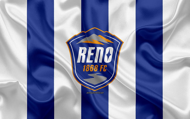 Reno 1868 FC American football club, logo, blue white flag, emblem, USL Championship, Reno, Nevada, USA, USL, silk texture, soccer, United Soccer League, HD wallpaper