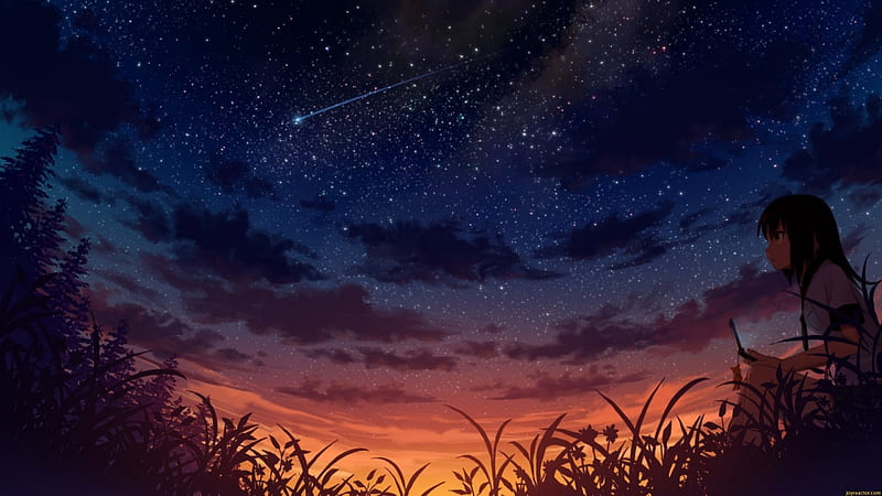 Shooting stars, Anime, Sky, Girl, Shooting star, Art, HD wallpaper