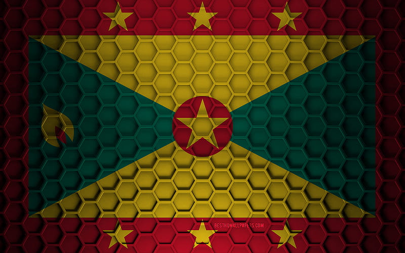 Grenada flag, 3d hexagons texture, Grenada, 3d texture, Grenada 3d flag, metal texture, flag of Grenada, HD wallpaper