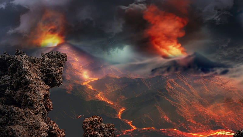 Eruption, Firefox theme, fire, mountains, hot, lava, steam, volcano, HD wallpaper