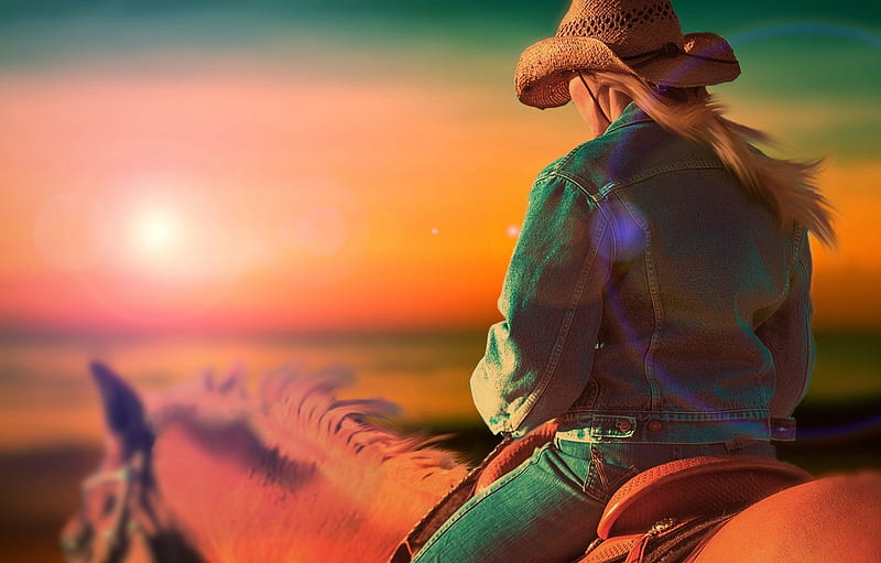 Sunset Ride, sunset, horses, blondes, cowgirls, hats, HD wallpaper | Peakpx