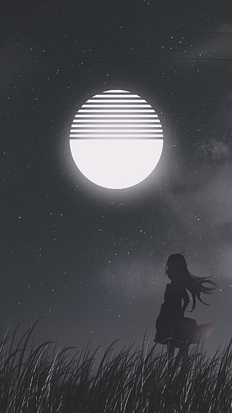 Moon Girl, alone, beauty, cute, love, lovely, night, waiting, HD