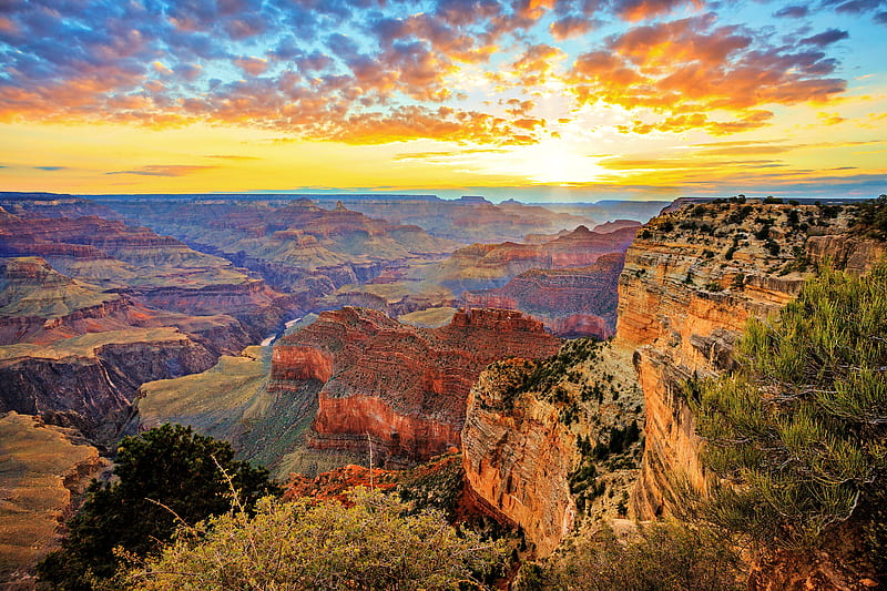 Grand Canyon, usa, mountains, national park, morning, sunrise, clouds, sky, landscape, HD wallpaper