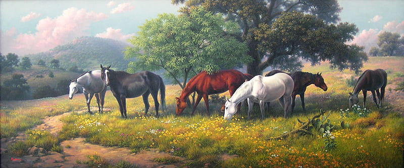 Utopian Midday, mountain, tree, horse, meadow, HD wallpaper
