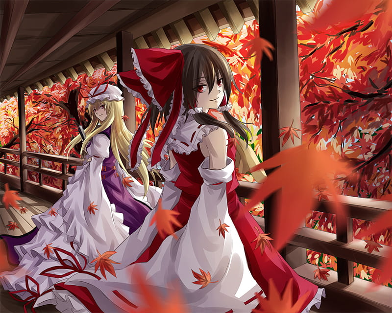 Shrine Maiden, red eye, dress, autumn, hakurei reimu, bows, leaves, duo,  anime, HD wallpaper | Peakpx