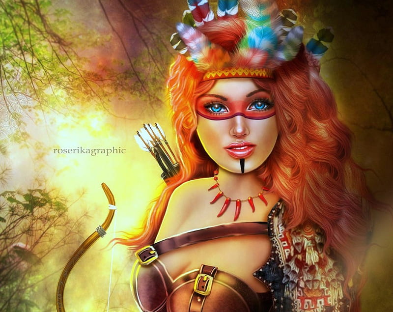 Indian Girl, redhead, indian, colors, love four seasons, bonito, creative pre-made, digital art, fantasy, manipulation, weird things people wear, girls, archer, feathers, HD wallpaper