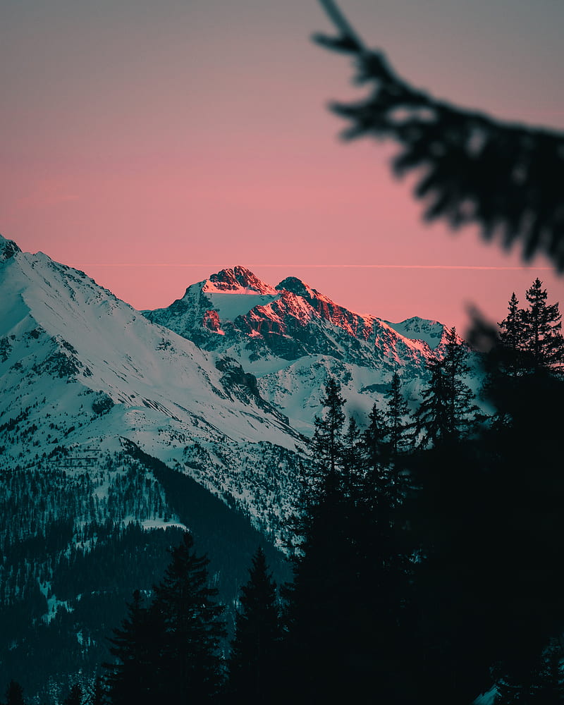 mountains, snowy, dusk, landscape, evening, HD phone wallpaper