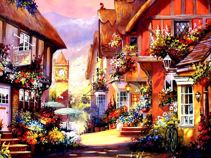 Pictorial art, painting, art, village, sky, HD wallpaper