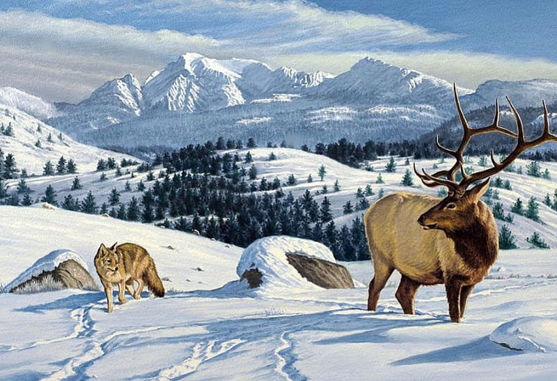 The Hunter, snow, painting, wolf, mountins, artwork, winter, deer, HD wallpaper
