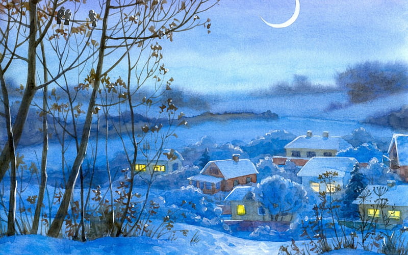Winter night, house, aer, lights, winter, moon, snow, painting, village, white, blue, night, HD wallpaper