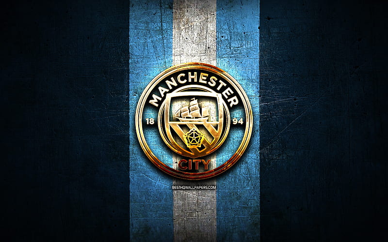 Manchester City FC, golden logo, Premier League, blue metal background, football, Manchester City, english football club, Manchester City logo, soccer, England, Man City, HD wallpaper
