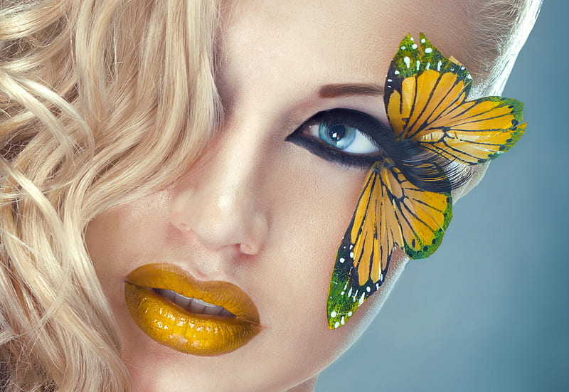 Beauty Face, blond, model, yellow, lips, eyelashes, hair, butterfly, girl, makeup, face, eyes, HD wallpaper