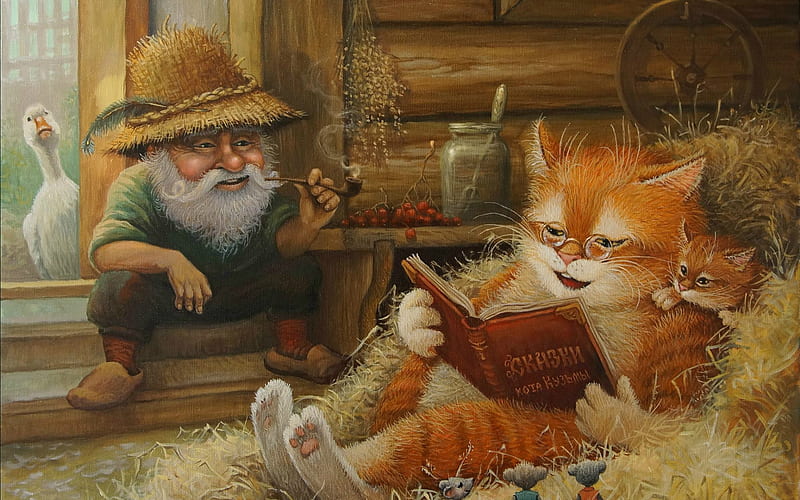Story Time In The Barn, fence, grass, mice, stairs, book, glasses, barn, jar, wheel, wood, story time, shelf, man, goose, cat, hay, hat, wagon wheel, berries, cats, pipe, kitten, steps, HD wallpaper