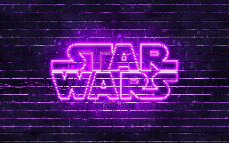 Star Wars violet logo violet brickwall, Star Wars logo, creative, Star Wars neon logo, Star Wars, HD wallpaper