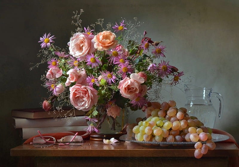 Still life, books, glasses, vase, mixed, grapes, fruit, arrangement, jug, flowers, beauty, pink, table, wild flowers, roses, flowering, nature, natural, HD wallpaper