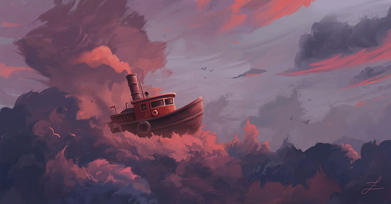 ship, clouds, art, sky, sail, fantastic, HD wallpaper
