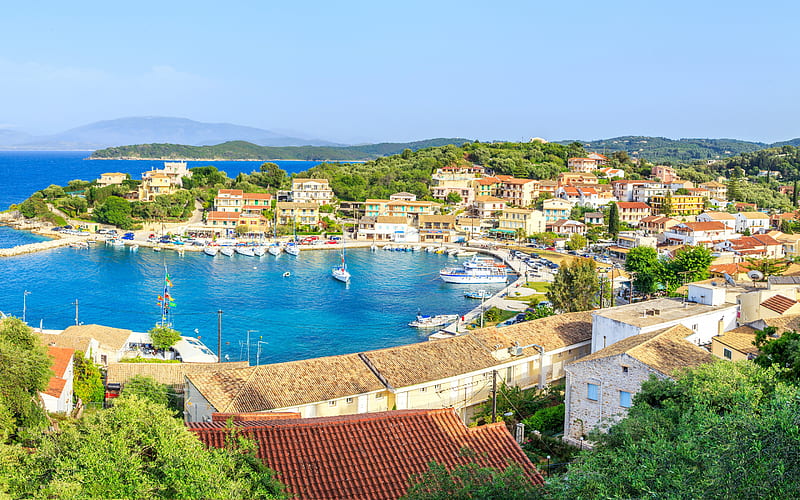 Corfu, island, summer, bay, beautiful city, Greece, white yachts, HD wallpaper