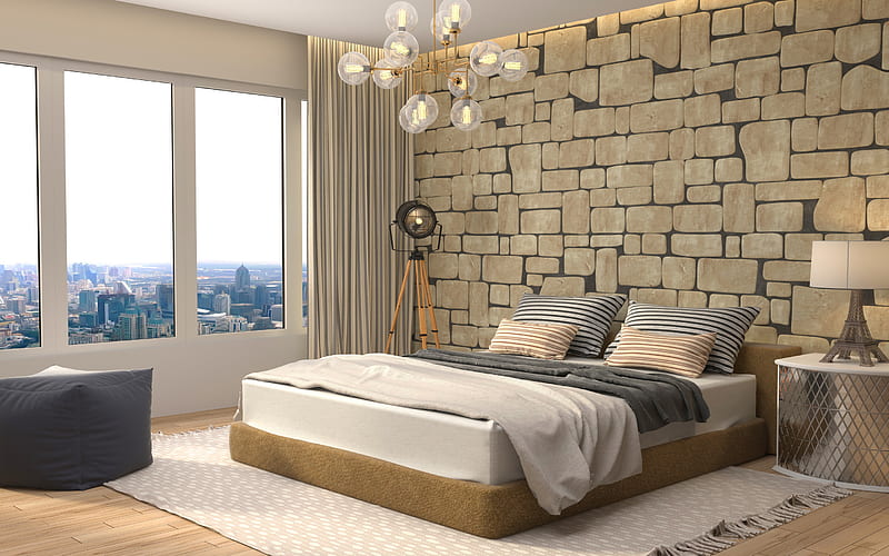 stylish modern bedroom, stone wall, modern interior design, desenho, bedroom, creative chandelier, HD wallpaper