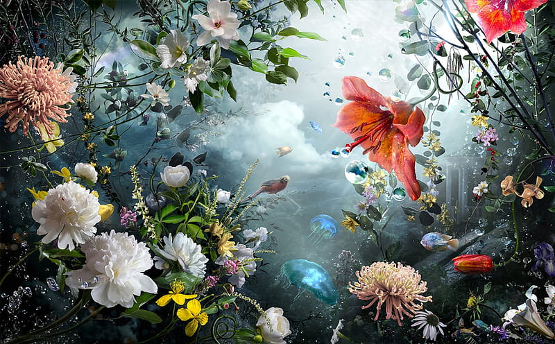 UNDERWATER GARDEN, FLOWERS, GARDEN, FISH, PLANTS, BIRD, JELLY FISH, UNDERWATER, HD wallpaper