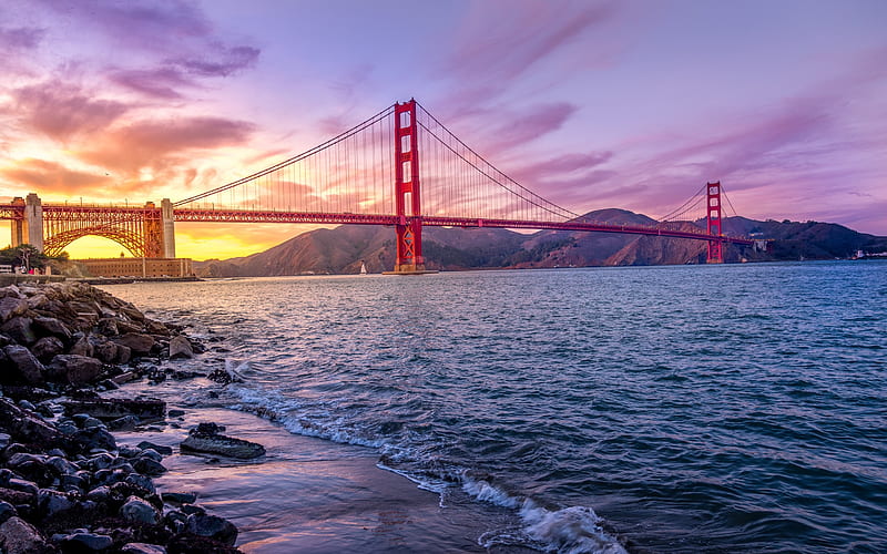 Golden Gate Bridge, San Francisco, sunset, suspension bridge, Golden Gate Strait, USA, California, United States, HD wallpaper
