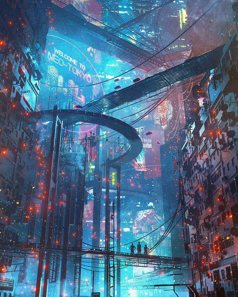 Arte digital, ciudad cibernética, cyberpunk, gatos, obra de arte, Fondo