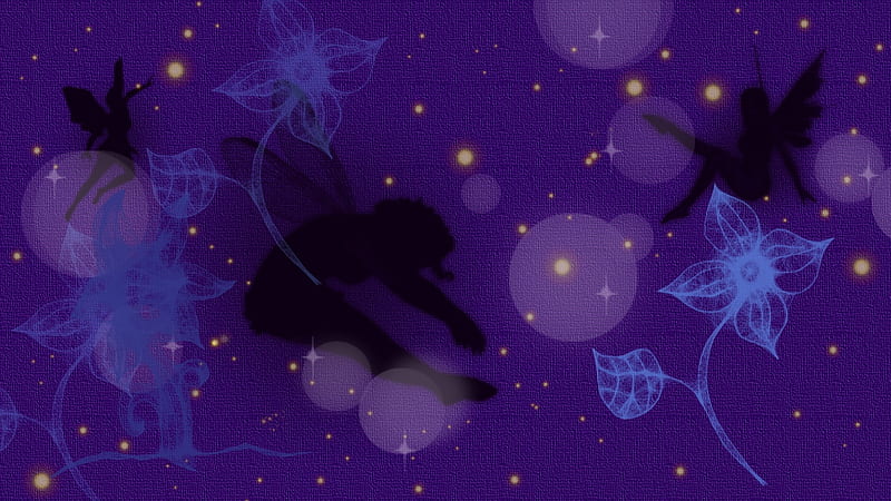 Fairys playing in the night sky, purple, faries, faireys, glitter, flowers, fiarys, blue, HD wallpaper