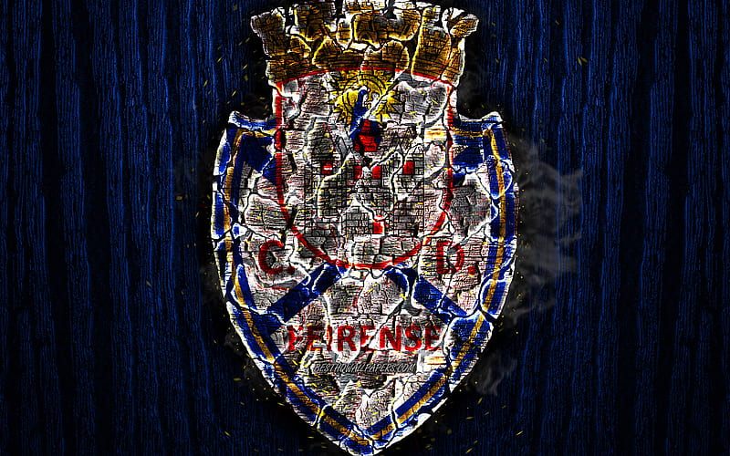 CD Feirense, scorched logo, Primeira Liga, blue wooden background, portuguese football club, Feirense FC, grunge, football, soccer, Feirense logo, fire texture, Portugal, HD wallpaper