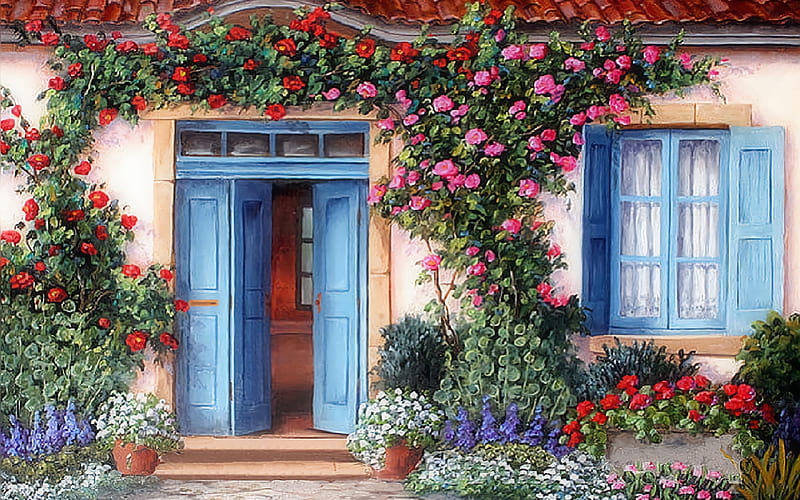 House with Flowers, house, window, flowers, blooms, door, HD wallpaper