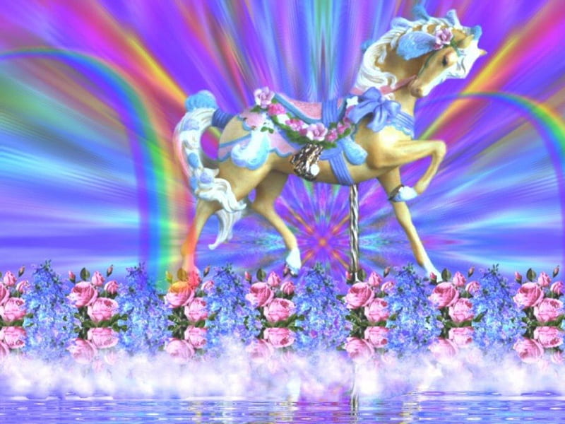 Carousel Rainbows, art, carousel horse, rainbow, ornate, roses, HD wallpaper