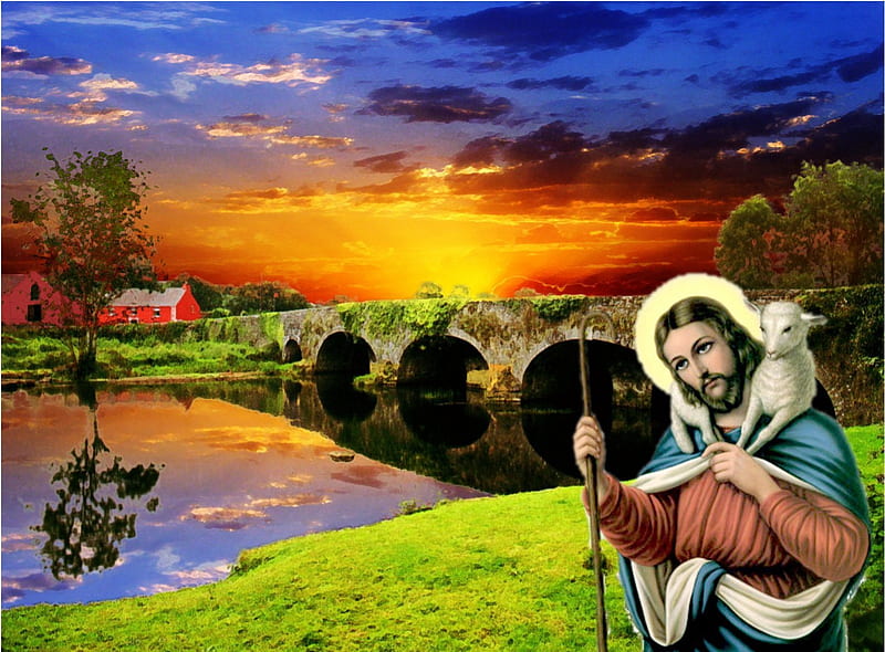 Jesus loving the lost sheep, sunset, sky, shepherd, christ, sheep, jesus,  bridge, HD wallpaper | Peakpx