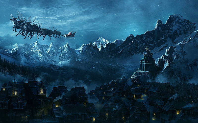 Santa Claus Over Medieval City, art, sleigh, christmas, ancient, mountains, digital, reindeers, HD wallpaper