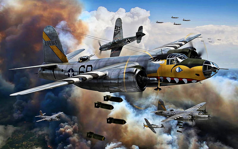 Martin B-26 Marauder, B-26B, Messerschmitt Bf109, Bf-109, Luftwaff, USAAF, World War II, military aircraft, HD wallpaper