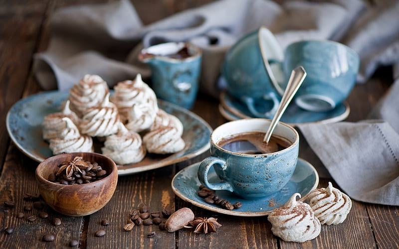 Coffee time, wood, blue, table, food, sweets, nuts, seeds, spices, coffee, people, meringues, white, HD wallpaper