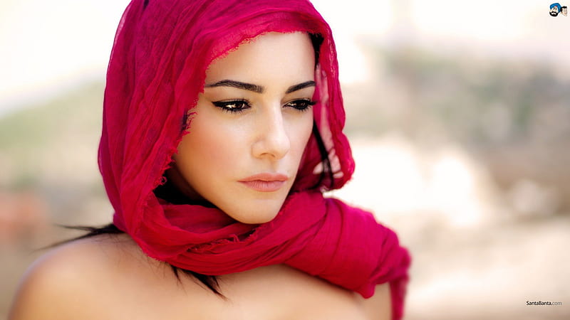 arab beauties 4, red dress, cute girl, trees, arab, sky, red lips, HD wallpaper