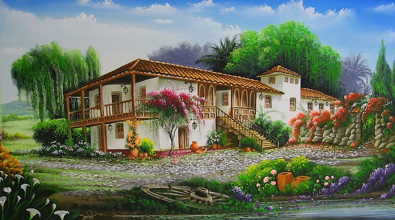 Hacienda, artwork, pond, countryside, house, flowers, painting, wheel, trees, HD wallpaper