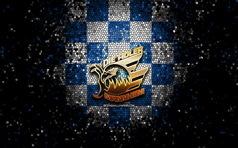 Adler Mannheim, glitter logo, DEL, blue white checkered background, hockey, german hockey team, Adler Mannheim logo, mosaic art, Deutsche Eishockey Liga, german hockey league, HD wallpaper