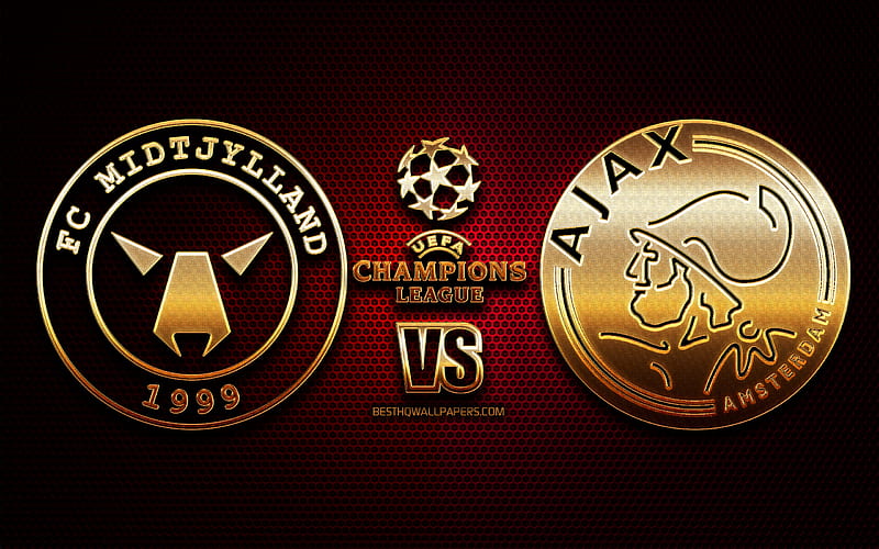 Midtjylland vs Ajax, season 2020-2021, Group D, UEFA Champions League, metal grid backgrounds, golden glitter logo, AFC Ajax, FC Midtjylland, UEFA, HD wallpaper
