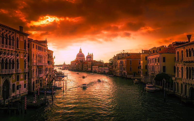 Venice, sunset, canal, italian landmarks, gondolas, tourism, Europe, Italy, HD wallpaper