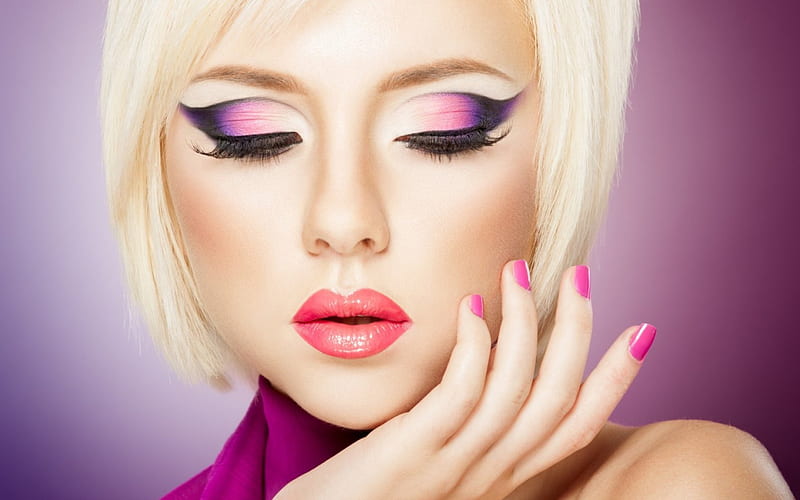 Model, blonde, woman, make-up, girl, purple, beauty, face, white, pink, HD wallpaper