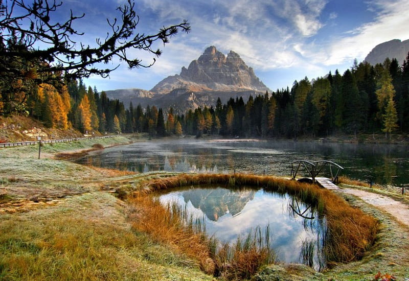 Autumnal Dolomites, forest, fall, grass, dusk, bonito, trees, lake, pond, bridge, mountains, path, HD wallpaper