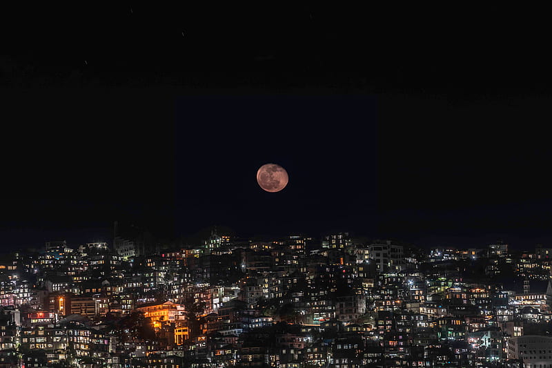 full moon, night city, moon, night, darkness, HD wallpaper
