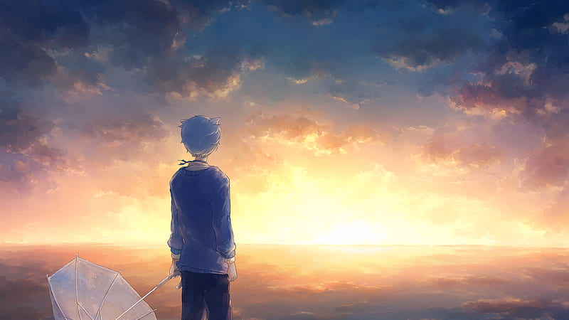 Anime Boy With White Umbrella Under White Clouds Blue Sky Anime Boy, HD wallpaper